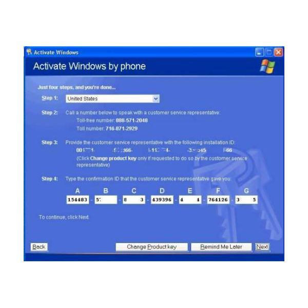 windows xp confirmation id number